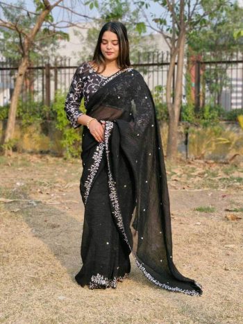 RICH LOOK CANDY CRUSH SEQUENCE EMBROIDERY CONTRAST PALLU WORK SAREE WITH UNSTITCHED BLOUSE BLACK