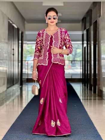 RICH LOOK DOLA SILK EMBROIDERY CODING WORK SAREE WITH UNSTITCHED BLOUSE AND STITCHED KOTI  RANI
