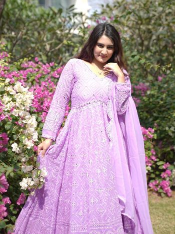 RICH LOOK FAUX BLOOMING THREAD EMBROIDERY AND SEQUENCE WORK GOWN BOTTOM WITH DUPATTA LAVENDER