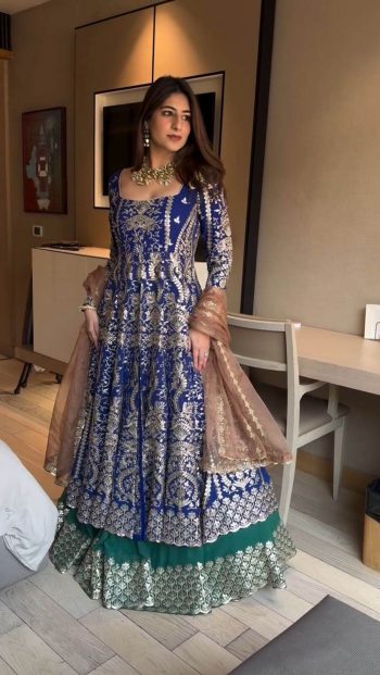 RICH LOOK FAUX GEORGETTE EMBROIDERY SEQUENCE WORK STITCHED TOP SEMI STITCHED LEHENGA WITH DUPATTA  BLUE