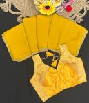 RICH LOOK FAUX GEORGETTE LACE BORDER WORK SAREE WITH STITCHED BLOUSE  YELLOW