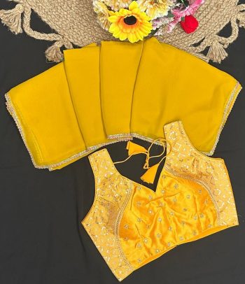 RICH LOOK FAUX GEORGETTE LACE BORDER WORK SAREE WITH STITCHED BLOUSE  YELLOW