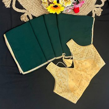 RICH LOOK FAUX GEORGETTE LACE BORDER WORK SAREE WITH STITCHED BLOUSE GREEN