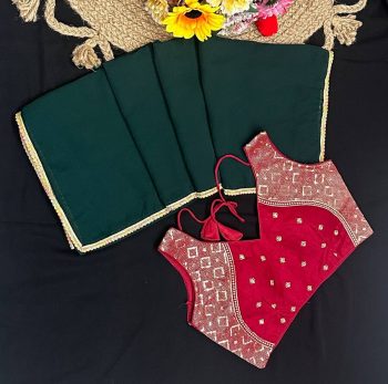 RICH LOOK FAUX GEORGETTE LACE BORDER WORK SAREE WITH STITCHED BLOUSE GREEN