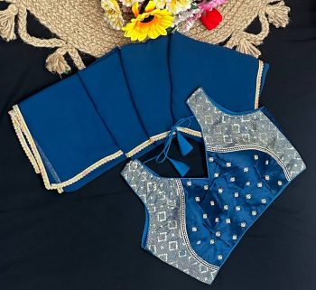 RICH LOOK FAUX GEORGETTE LACE BORDER WORK SAREE WITH STITCHED BLOUSE  BLUE
