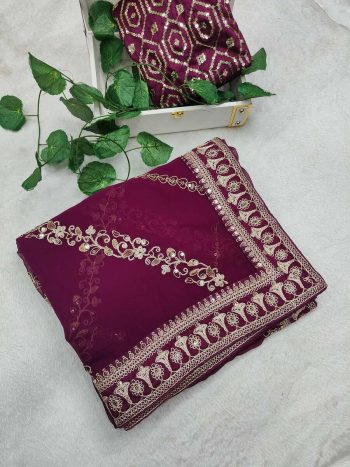 RICH LOOK GEORGETTE CODING SEQUENCE ZARI EMBROIDERY WORK SAREE WITH UNSTITCHED BLOUSE WINE