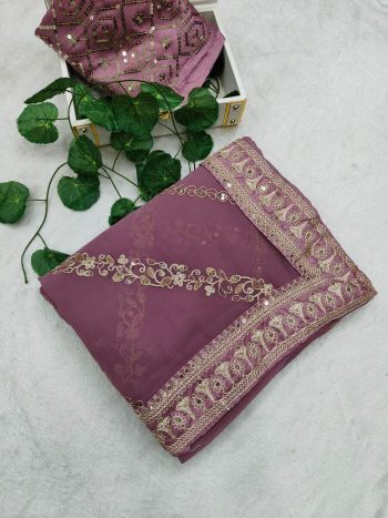RICH LOOK GEORGETTE CODING SEQUENCE ZARI EMBROIDERY WORK SAREE WITH UNSTITCHED BLOUSE PEACH