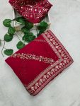 RICH LOOK GEORGETTE CODING SEQUENCE ZARI EMBROIDERY WORK SAREE WITH UNSTITCHED BLOUSE RED
