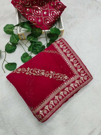 RICH LOOK GEORGETTE CODING SEQUENCE ZARI EMBROIDERY WORK SAREE WITH UNSTITCHED BLOUSE RED