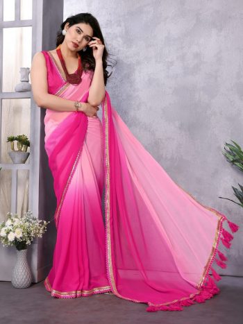 RICH LOOK GEORGETTE EMBROIDERY WORK LACE BORDER SAREE WITH UNSTITCHED BLOUSE PINK