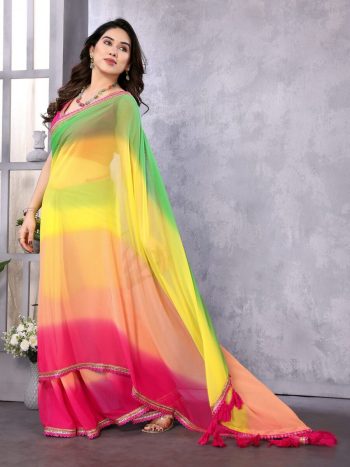 RICH LOOK GEORGETTE EMBROIDERY WORK LACE BORDER SAREE WITH UNSTITCHED BLOUSE YELLOW