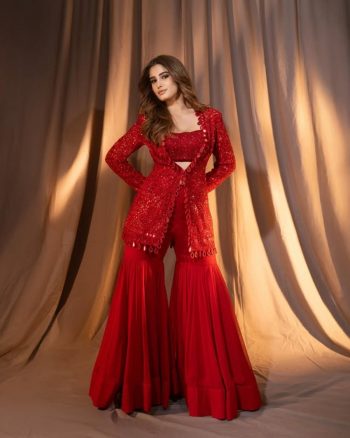 RICH LOOK GEORGETTE THREAD CODING EMBROIDERY AND SEQUENCE WITH REAL MIRRROR LACE BORDER WORK CROP-TOP JACKET WITH GHARARA RED