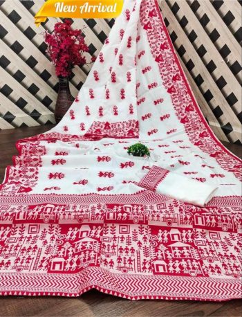 RICH LOOK LINEN COTTON MANIPURI PATTERN THREAD WORK SAREE WITH UNSTITCHED BLOUSE RED