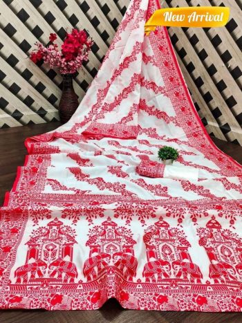 RICH LOOK LINEN COTTON MANIPURI PATTERN THREAD WORK SAREE WITH UNSTITCHED BLOUSE RED