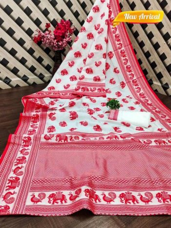 RICH LOOK LINEN COTTON MANIPURI PATTERN THREAD WORK SAREE WITH UNSTITCHED BLOUSE RED