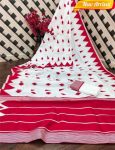 RICH LOOK LINEN COTTON MANIPURI PATTERN THREAD WORK SAREE WITH UNSTITCHED BLOUSE RED