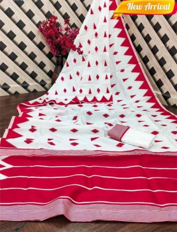 RICH LOOK LINEN COTTON MANIPURI PATTERN THREAD WORK SAREE WITH UNSTITCHED BLOUSE RED