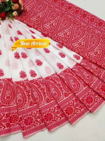 RICH LOOK LINEN COTTON MANIPURI PATTERN THREAD WORK SAREE WITH UNSTITCHED BLOUSE RED