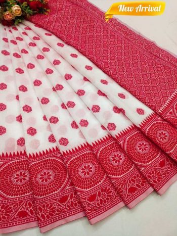 RICH LOOK LINEN COTTON MANIPURI PATTERN THREAD WORK SAREE WITH UNSTITCHED BLOUSE RED