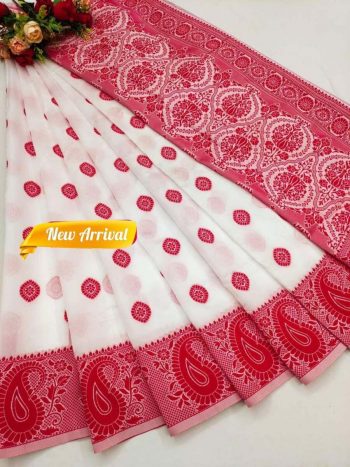 RICH LOOK LINEN COTTON MANIPURI PATTERN THREAD WORK SAREE WITH UNSTITCHED BLOUSE RED
