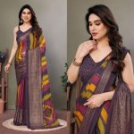 RICH LOOK MOSS SILK DIGITAL PRINTED AND FOIL WORK SAREE WITH UNSTITCHED BLOUSE WINE