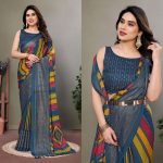 RICH LOOK MOSS SILK DIGITAL PRINTED AND FOIL WORK SAREE WITH UNSTITCHED BLOUSE  BLUE