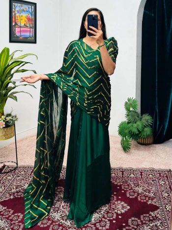 RICH LOOK RANGOLI FOIL PRINTED GOWN SAREE WITH ATTACHED DUPATTA GREEN