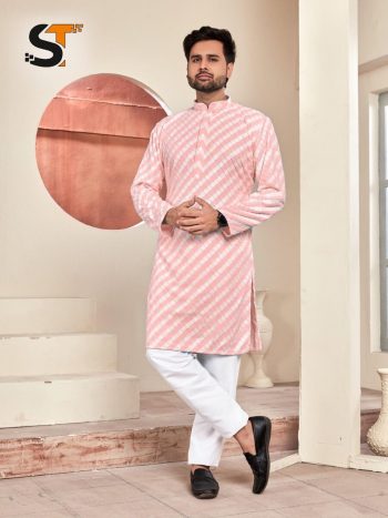 RICH LOOK RAYON CHIKAN DUBLE THREAD WORK MEN'S KURTA PAYJAMA SET BABY PINK