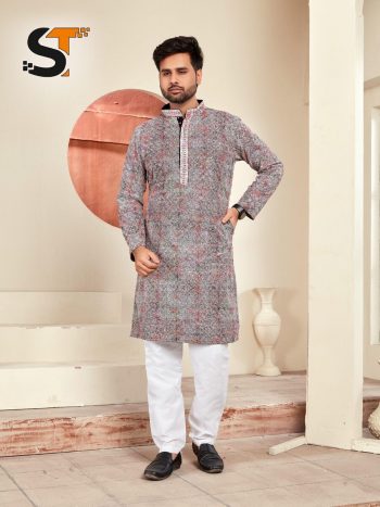 RICH LOOK RAYON CHIKAN WORK MEN'S KURTA PAYJAMA SET  GREY