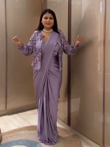 RICH LOOK SATIN PLAIN READY TO WEAR SAREE WITH EMBROIDERY SEQUENCE WORK BLOUSE AND KOTI LAVENDER