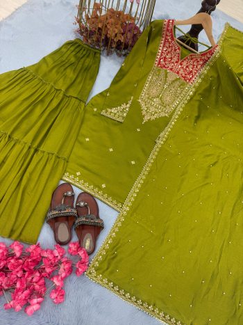 RICH LOOK VICHITRA SILK EMBROIDERY SEQUENCE AND CODING WORK TOP SHARARA WITH DUPATTA PARROT GREEN