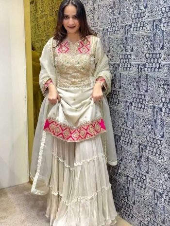RICH LOOK VICHITRA SILK EMBROIDERY SEQUENCE AND CODING WORK TOP SHARARA WITH DUPATTA OFF WHITE