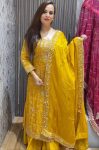 RICH LOOK VICHITRA SILK EMBROIDERY SEQUENCE WORK WITH REAL MIRROR TOP PALAZZO WITH DUPATTA YELLOW