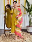 RICH LOOK VISCOSE CHANDERI SEQUENCE CODING EMBROIDERY WORK TOP BOTTOM WITH DUPATTA MUSTARD