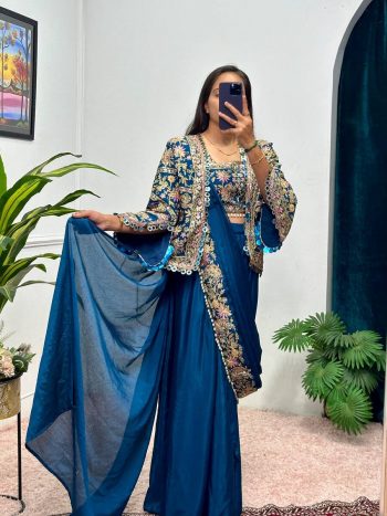 CHINON EMBROIDERY AND MOTI LACE BORDER WORK READY TO WEAR SAREE WITH BLOUSE AND KOTI RAMA