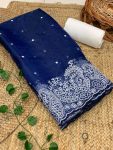TRADITIONAL ORGANZA EMBROIDERY ARC BORDER WORK SAREE WITH UNSTITCHED BLOUSE  BLUE
