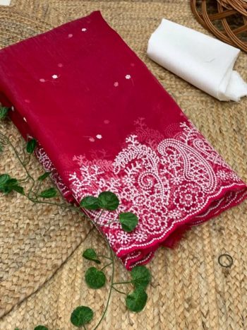 TRADITIONAL ORGANZA EMBROIDERY ARC BORDER WORK SAREE WITH UNSTITCHED BLOUSE  RANI