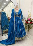 TRENDING CHINON EMBROIDERY SEQUENCE WORK ALIA CUT DESIGN GOWN BOTTOM WITH DUPATTA BLUE
