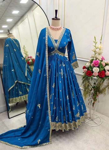TRENDING CHINON EMBROIDERY SEQUENCE WORK ALIA CUT DESIGN GOWN BOTTOM WITH DUPATTA BLUE