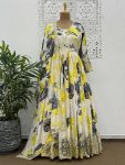 TRENDING CHINON SILK DIGITAL PRINT WITH HEAVY EMBROIDERY AND SEQUENCE WORK GOWN WITH DUPATTA YELLOW