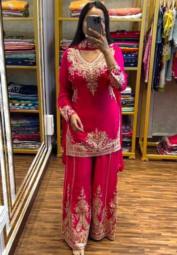 TRENDING CHINON SILK EMBROIDERY WORK TOP PALAZZO WITH DUPATTA RANI