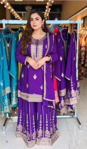 TRENDING CHINON SILK EMBROIDERY SEQUENCE WORK TOP SHARARA WITH DUPATTA PURPLE