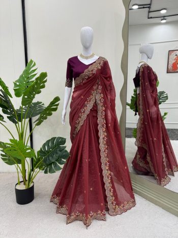 TRENDING CRUNCHY SILK EMBROIDREY SEQUENCE WORK SAREE WITH UNSTITCHED BLOUSE MAROON