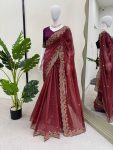 TRENDING CRUNCHY SILK EMBROIDREY SEQUENCE WORK SAREE WITH UNSTITCHED BLOUSE PARTY WEAR WHOLESALE PRICE ETHNIC GARMENT (15)