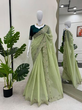 TRENDING CRUNCHY SILK EMBROIDREY SEQUENCE WORK SAREE WITH UNSTITCHED BLOUSE  PISTA