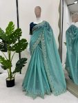 TRENDING CRUNCHY SILK EMBROIDREY SEQUENCE WORK SAREE WITH UNSTITCHED BLOUSE  SKY