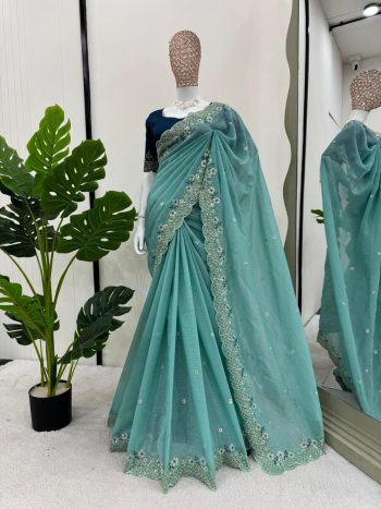 TRENDING CRUNCHY SILK EMBROIDREY SEQUENCE WORK SAREE WITH UNSTITCHED BLOUSE  SKY