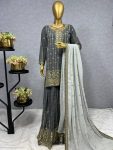 TRENDING GEORGETTE EMBROIDERY SEQUENCE HAND WORK TOP PALAZZO WITH DUPATTA GREY