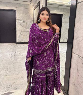 TRENDING GEORGETTE EMBROIDERY SEQUENCE WORK TOP SHARARA WITH DUPATTA WINE