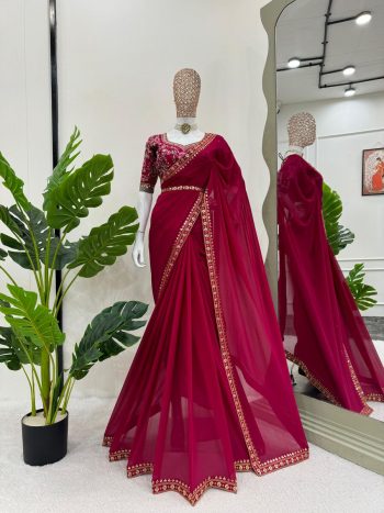 TRENDING GEORGETTE THREAD SEQUENCE WORK SAREE KAMAR BELT WITH UNSTITCHED BLOUSE RANI
